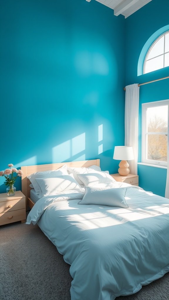 A cozy bedroom with oceanic blue walls, white bedding, and natural wood furniture, illuminated by soft sunlight.