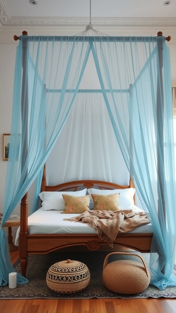 A sky blue canopy bed featuring soft blue curtains, wooden frame, and decorative pillows.