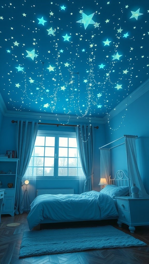 A cozy bedroom with a sky blue ceiling filled with glowing stars and a warm inviting bed