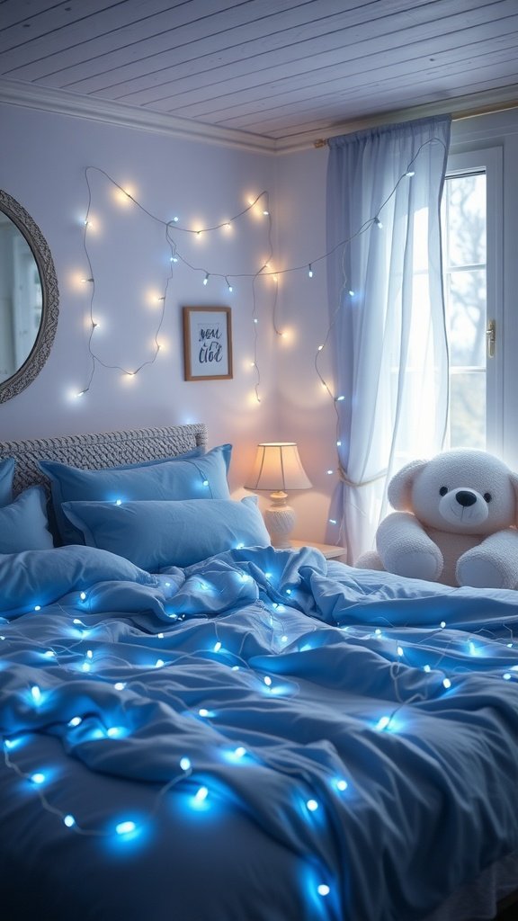 A cozy bedroom with soft blue bedding and fairy lights draped on the walls, creating a calming atmosphere.