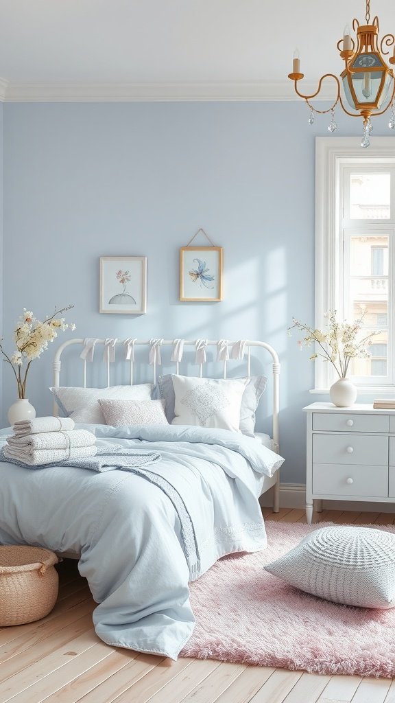 A soft blue bedroom featuring light blue walls, a white bed with layered blankets, a pink rug, and artwork.