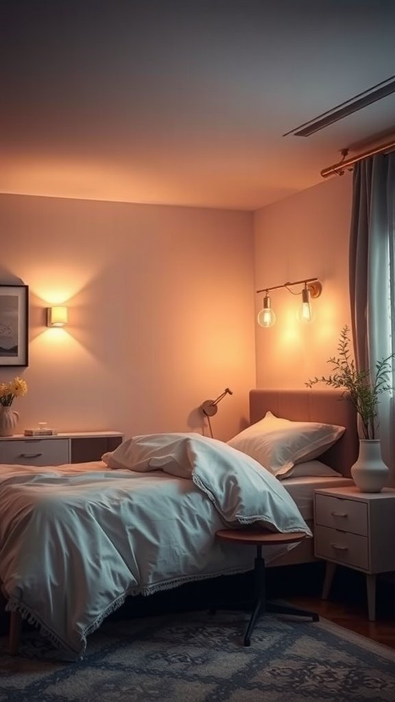 Cozy bedroom with soft warm lighting