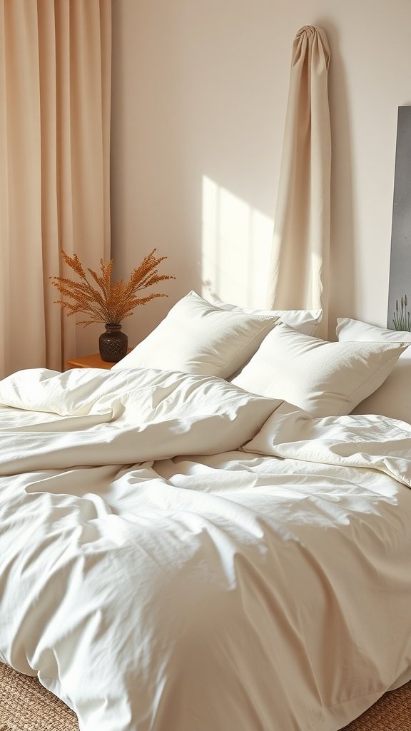 A cozy bedroom with soft linen bedding, light-colored pillows, a small vase with dried flowers, and natural light filtering through the window.