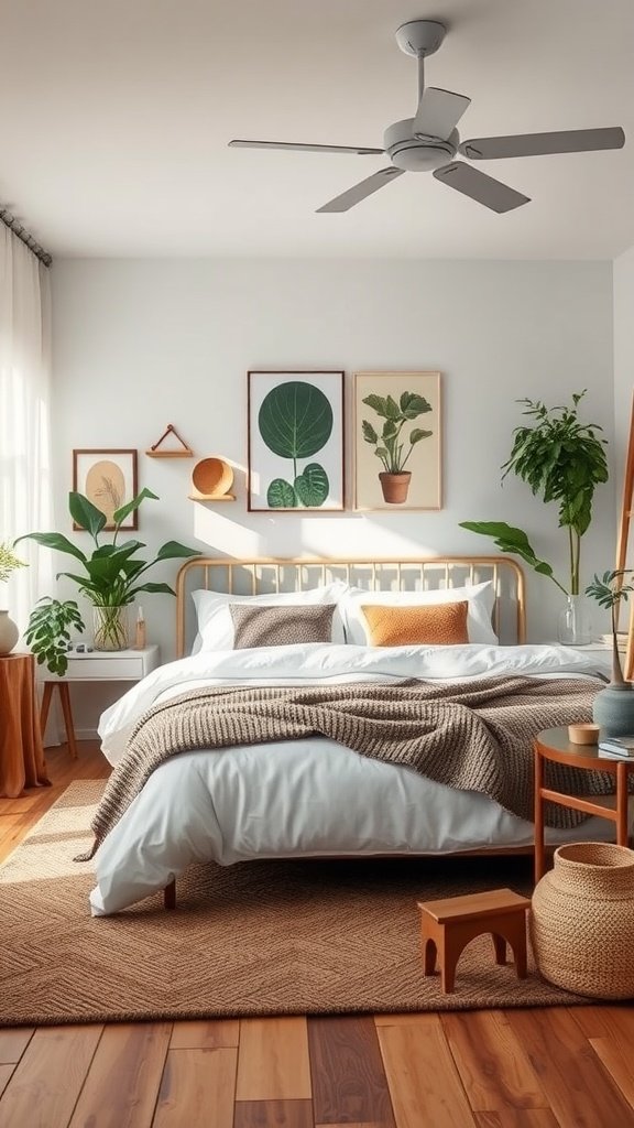 A serene earthy bedroom with plants, wooden furniture, and cozy textiles.