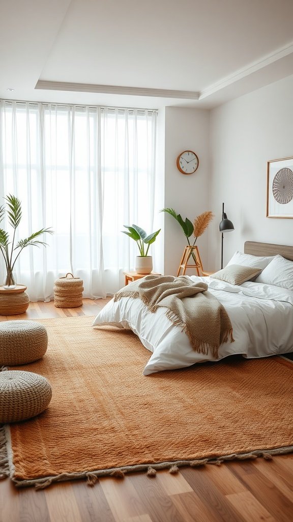 Cozy earthy bedroom featuring an orange rug, plants, and natural light