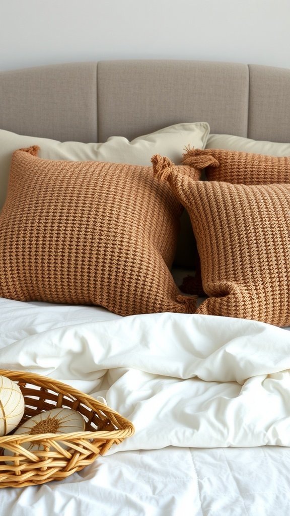 Textured throw pillows on a bed with a light duvet and a wicker basket nearby