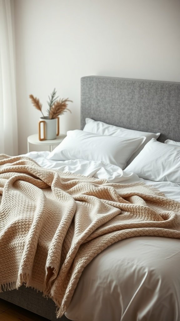 A cozy bedroom with a beige throw blanket draped over a bed with white pillows.