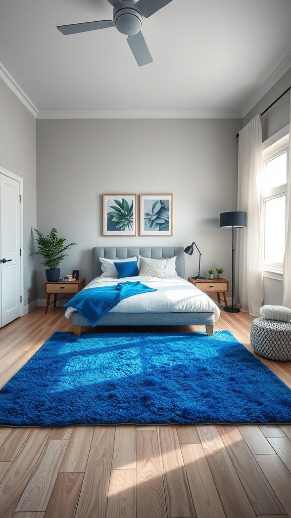A cozy bedroom featuring a vibrant cobalt rug, light wood flooring, and a comfortable bed with gray and blue bedding.