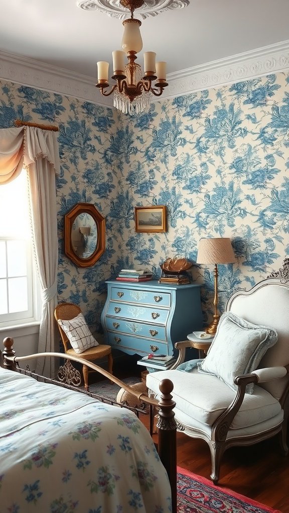 A vintage bedroom with blue floral wallpaper, featuring a blue dresser, an elegant armchair, and a chandelier.