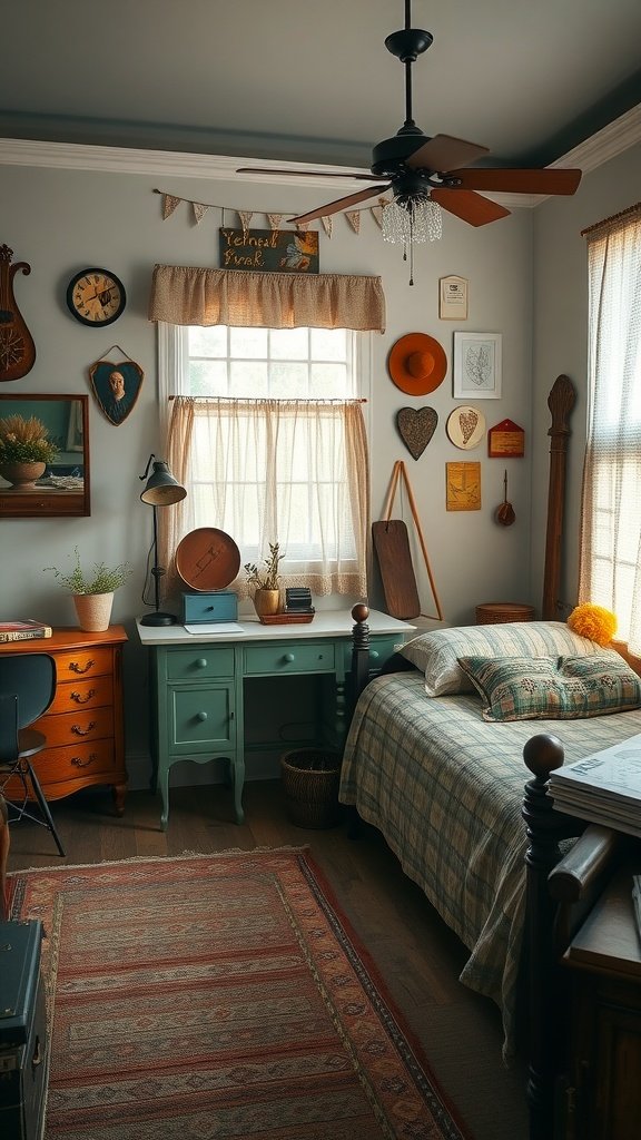 A cozy bedroom with vintage decor, featuring earthy tones, wooden furniture, and decorative pieces.
