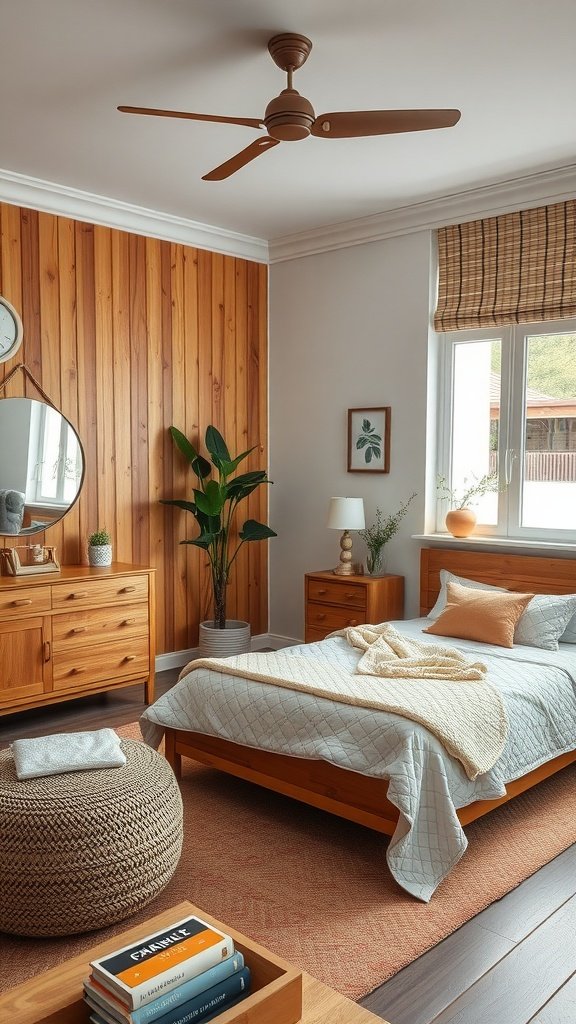 A cozy bedroom with warm wood accents, featuring a wooden wall, furniture, and earthy decor.