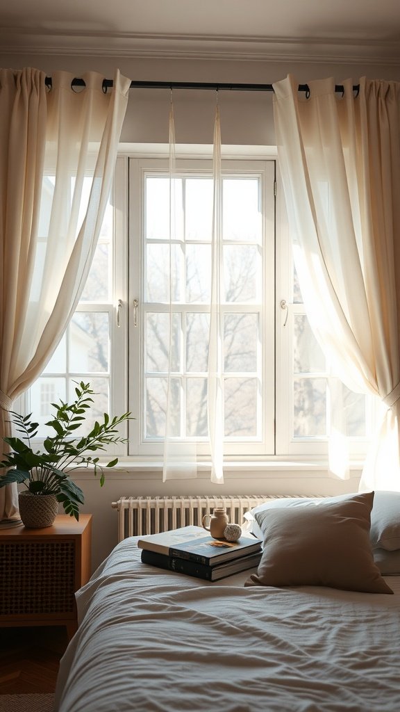 Cozy bedroom with soft beige curtains and a plant by the window.