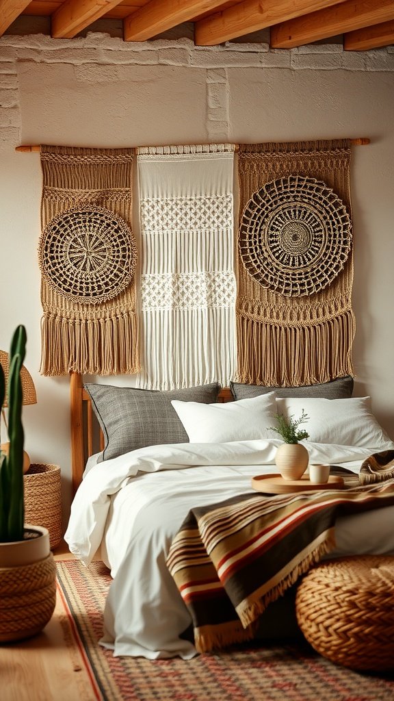 Cozy earthy bedroom featuring woven wall hangings with intricate designs.