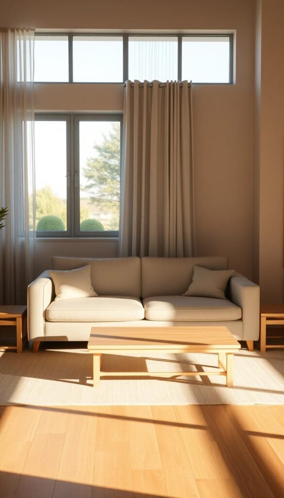 A Scandinavian-inspired living room bathed in warm, natural light. In the foreground, a minimalist sofa with clean lines and a soft, neutral upholstery. Flanking it, a pair of sleek, wooden end tables with simple, geometric designs. In the middle ground, a low, rectangular coffee table with a smooth, light wood surface. Behind, a large, picture window offers a serene, outdoor view, framed by sheer, white curtains that gently billow. The walls are painted in a soft, muted color, creating a calming, serene atmosphere. Subtle, ambient lighting casts a gentle glow throughout the space, highlighting the natural textures and materials. An overall sense of elegance, simplicity, and functionality pervades the scene.