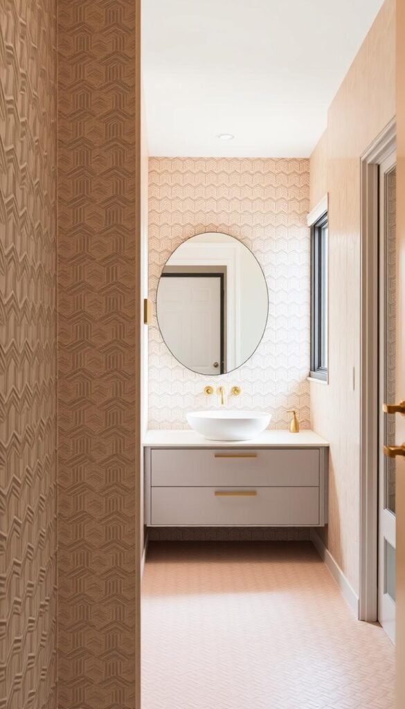 A bathroom with a stylish tile revamp. The foreground showcases a tiled wall in a soft, earthy tone, with intricate geometric patterns that create a visually captivating texture. The middle ground features a sleek, minimalist vanity with a white porcelain sink, complemented by brass fixtures that add a touch of warmth. The background reveals a well-lit, spacious bathroom, with natural light filtering through a large window, casting a gentle glow on the updated tile work. The overall mood is one of modern sophistication, with a focus on thoughtful design choices that transform a utilitarian space into a serene, spa-like retreat. A bathroom with a stylish tile revamp. The foreground showcases a tiled wall in a soft, earthy tone, with intricate geometric patterns that create a visually captivating texture. The middle ground features a sleek, minimalist vanity with a white porcelain sink, complemented by brass fixtures that add a touch of warmth. The background reveals a well-lit, spacious bathroom, with natural light filtering through a large window, casting a gentle glow on the updated tile work. The overall mood is one of modern sophistication, with a focus on thoughtful design choices that transform a utilitarian space into a serene, spa-like retreat.