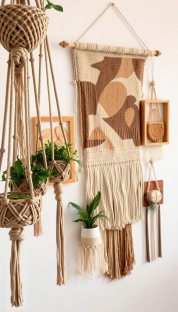 A beautifully crafted boho-inspired wall display featuring an assortment of macramé hangings, woven tapestries, and natural elements. In the foreground, intricate macramé plant holders cascade gracefully, their knotted textures casting intriguing shadows. In the middle ground, a large woven wall hanging in earthy tones and abstract patterns takes center stage, complemented by smaller framed tapestry pieces. The background showcases a minimalist white wall, allowing the eclectic mix of textures and materials to shine. Soft, diffused lighting creates a warm, inviting atmosphere, evoking a sense of rustic, bohemian charm. The composition is balanced and visually striking, seamlessly blending handmade craftsmanship with natural elements for a stunning DIY boho wall decor display.