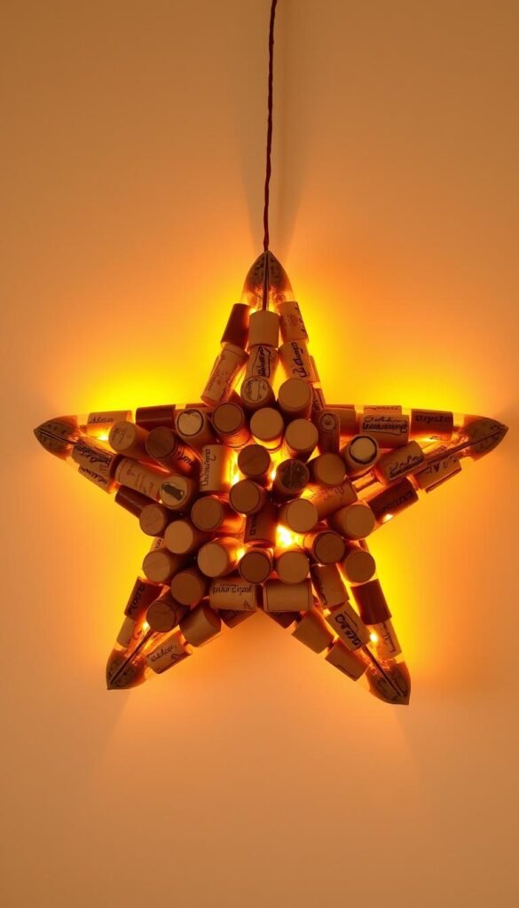 A beautifully crafted wine cork star decoration, illuminated by warm, golden lighting and captured from a slightly elevated angle. The star-shaped arrangement of wine corks is meticulously constructed, each cork carefully positioned to create a visually striking design. The natural textures and varied tones of the corks add depth and visual interest, while the lighting casts gentle shadows that accentuate the dimensional quality of the piece. The background is a soft, neutral palette, allowing the star decoration to take center stage and showcase its rustic, yet elegant charm. A beautifully crafted wine cork star decoration, illuminated by warm, golden lighting and captured from a slightly elevated angle. The star-shaped arrangement of wine corks is meticulously constructed, each cork carefully positioned to create a visually striking design. The natural textures and varied tones of the corks add depth and visual interest, while the lighting casts gentle shadows that accentuate the dimensional quality of the piece. The background is a soft, neutral palette, allowing the star decoration to take center stage and showcase its rustic, yet elegant charm.