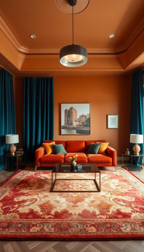 A beautifully curated living room with a cohesive and harmonious color palette. The walls are painted in a warm, earthy tone, complemented by rich, jewel-toned accents in the form of plush velvet curtains and a statement area rug. A mid-century modern sofa in a complementary hue sits atop the rug, flanked by sleek, minimalist side tables and a low-profile coffee table. Accent pillows in complementary shades tie the whole space together, creating a visually striking and visually captivating interior. Soft, diffused lighting from a hanging pendant casts a warm glow, enhancing the cozy, inviting atmosphere. Captured through a wide-angle lens, the room feels both intimate and expansive, showcasing the power of a carefully curated color scheme.