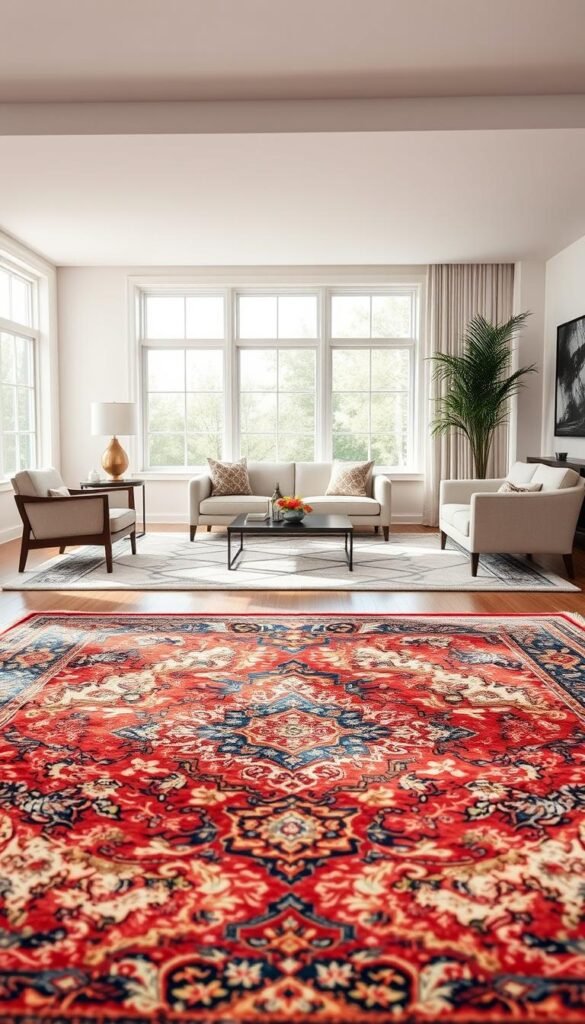 A beautifully furnished living room with a mix of traditional Persian and modern minimalist rugs. The Persian rug in the foreground takes center stage, its intricate patterns and rich colors defining the space. In the middle ground, a sleek, low-profile sofa and armchairs sit atop a modern geometric rug, creating a harmonious contrast. The background features large windows allowing natural light to stream in, illuminating the room and giving it an airy, relaxed atmosphere. The overall scene conveys a timeless, elegant aesthetic that seamlessly blends the old and the new.