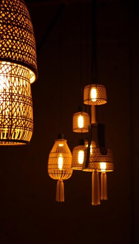 A boho-chic statement lighting design with a dramatic, earthy ambiance. In the foreground, a large rattan pendant light with woven patterns casts a warm, diffused glow. In the middle ground, a cluster of smaller macrame and bamboo lights hang at varying heights, creating a layered, artisanal look. The background features a textured, earth-toned wall, adding depth and a natural, rustic feel. The lighting is positioned to create dramatic shadows and highlights, emphasizing the organic shapes and textures. The overall atmosphere is cozy, inviting, and infused with global, bohemian flair.
