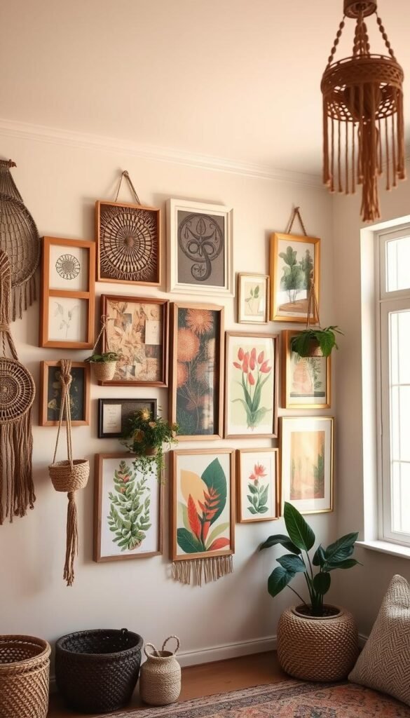 A boho-inspired gallery wall in a cozy, well-lit room. Eclectic mix of vintage frames, woven wall hangings, and vibrant botanical prints arranged in an organic, asymmetrical layout. Macrame plant hangers and a beaded chandelier add global flair. Natural textures like rattan, jute, and wood create a warm, earthy palette. Soft, diffused lighting from a large window casts a golden glow, highlighting the bohemian, worldly aesthetic. Framed artwork features intricate patterns, abstract landscapes, and cultural iconography that evoke a sense of international exploration and worldly sophistication.