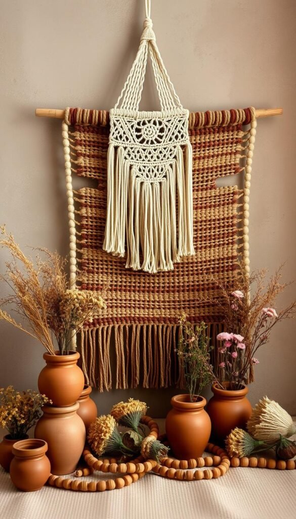 A boho-inspired wall decor scene featuring a macramé hanging, a woven tapestry, and an assortment of natural elements. Soft, warm lighting illuminates the arrangement, creating a cozy, inviting ambiance. The macramé piece, with its intricate patterns and fringe, takes center stage, complemented by the rich, earthy tones of the tapestry in the middle ground. Scattered around are terracotta pots, dried flowers, and wooden beads, adding to the organic, bohemian aesthetic. The background is a blend of muted, earthy tones, suggesting a neutral wall or textured surface. The overall composition is balanced, harmonious, and reflective of the alluring, free-spirited nature of bohemian wall decor.