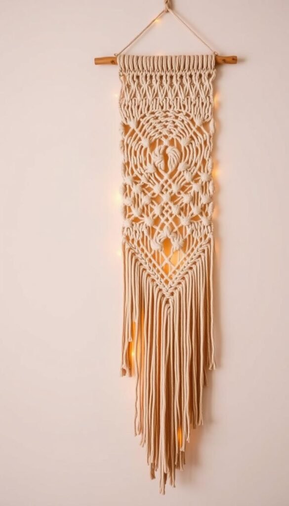 A boho macrame wall hanging, intricately woven with natural fibers, hangs gracefully against a neutral-toned backdrop. The intricate patterns and textures create depth and visual interest, complemented by the warm, soft lighting that casts a cozy, inviting glow. The piece is suspended from a rustic, wooden dowel, adding to the organic, earthy aesthetic. The overall composition evokes a sense of relaxed, bohemian style, perfectly capturing the essence of the "Macramé and Woven Textures for Depth" section of the creative gallery wall article.