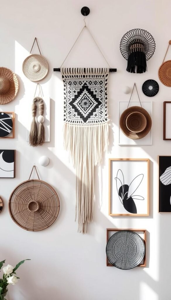 A bold and striking boho-inspired wall decor featuring a high-contrast blend of black and white elements. The centerpiece is a striking macrame tapestry with intricate geometric patterns, suspended from a sleek black metal rod. Surrounding it are an eclectic mix of monochrome wall hangings, including woven baskets, abstract line art, and minimalist ceramic pieces. The overall arrangement exudes a calm, modern vibe, with the interplay of light and shadow adding depth and visual interest. Soft natural lighting filters in, casting gentle shadows and highlights that accentuate the textures and tones. The placement of the decor elements creates a harmonious, gallery-style display, perfect for making a statement in any boho-chic interior.
