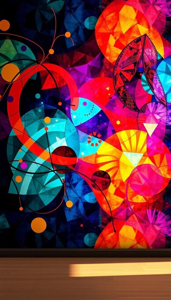A breathtaking wallpaper design that instantly captivates the eye, featuring a vibrant, abstract pattern of bold geometric shapes and fluid, organic lines. The foreground showcases a mesmerizing kaleidoscope of colors, ranging from deep, moody hues to vivid, saturated tones that dance across the surface. In the middle ground, the pattern builds depth and dimension, creating a sense of movement and visual intrigue. The background subtly blends soft, muted tones that provide a harmonious balance, allowing the primary design to take center stage. Lit by warm, directional lighting that casts dramatic shadows, this wallpaper design exudes a sense of modern sophistication and artistic flair, perfectly complementing a living room focal wall.