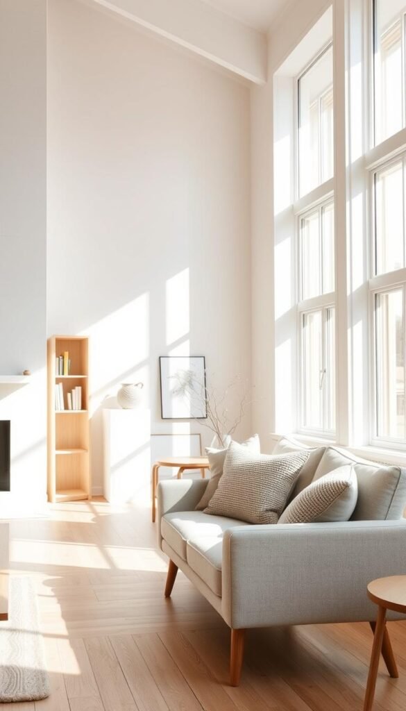 A bright, airy Scandinavian interior bathed in natural light, with clean lines and a minimalist aesthetic. Soft, diffused illumination filters through large windows, casting a warm glow on the light wood floors and furnishings. Sparse decor in muted tones - whites, grays, and blondes - creates a serene, uncluttered atmosphere. A mid-century modern sofa or armchair sits in the foreground, its simple silhouette complemented by textured throw pillows. In the background, tall bookcases or a minimalist fireplace mantlepiece are visible, their surfaces reflecting the natural light. The overall scene evokes a sense of calm, tranquility, and thoughtful design.