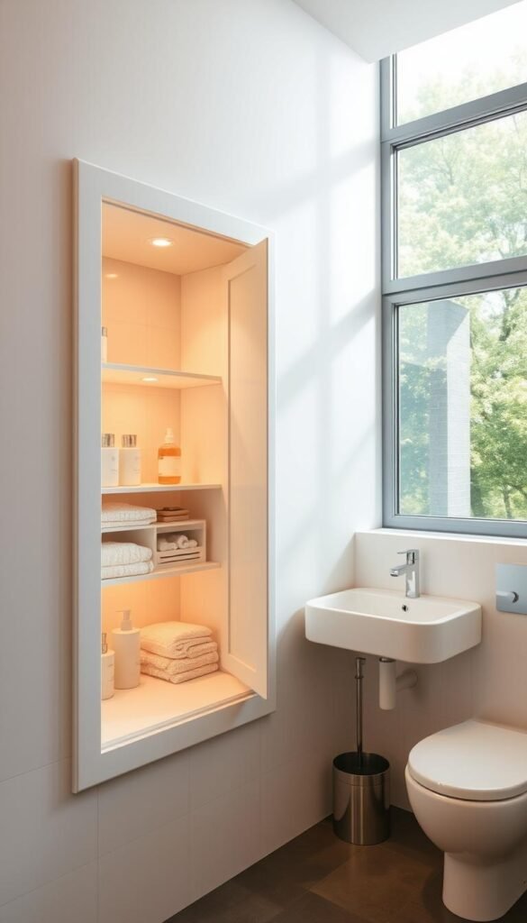 A bright, airy bathroom with a built-in hidden storage cabinet. The cabinet is recessed into the wall, its doors seamlessly blending with the tiled backsplash. Inside, shelves and compartments neatly organize toiletries, towels, and other essentials. Soft, warm lighting casts a gentle glow, highlighting the clean, minimalist design. The cabinet's sleek, modern lines complement the room's contemporary aesthetic. A large window filters in natural light, creating an atmosphere of tranquility and openness. The bathroom exudes a sense of tidiness and efficiency, with the hidden storage providing a practical and aesthetically pleasing solution to clutter.
