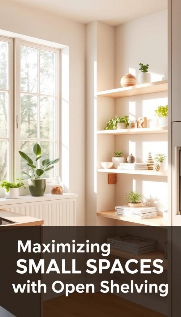 A bright, airy corner shelving unit in a modern kitchen. The shelves are made of light wood, creating a clean, minimalist aesthetic. The shelves are arranged in a corner, maximizing the use of space. Soft, diffused natural light filters in through large windows, illuminating the shelves and creating a warm, inviting atmosphere. Decorative plants, cookbooks, and small kitchen accessories are neatly arranged on the shelves, adding pops of color and texture. The overall scene conveys a sense of organization and intentional design, perfectly suited for the "Maximizing Small Spaces with Open Shelving" section of the article.