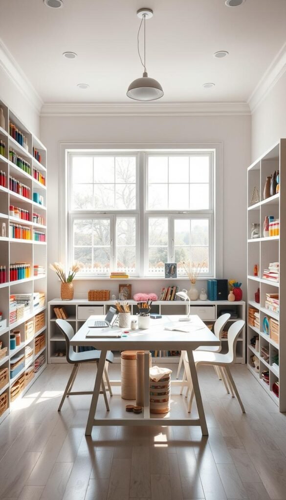 A bright, airy craft room with ample natural light streaming through large windows. Crisp white shelves line the walls, neatly organized with vibrant craft supplies - spools of colorful threads, jars of brushes and paints, and a rainbow of paper and fabric. A central worktable with a clean, minimalist design provides ample space for projects, surrounded by ergonomic task lighting and contemporary decor accents. The room has a serene, inspirational atmosphere, reflecting a harmonious blend of form and function for the creative crafter.