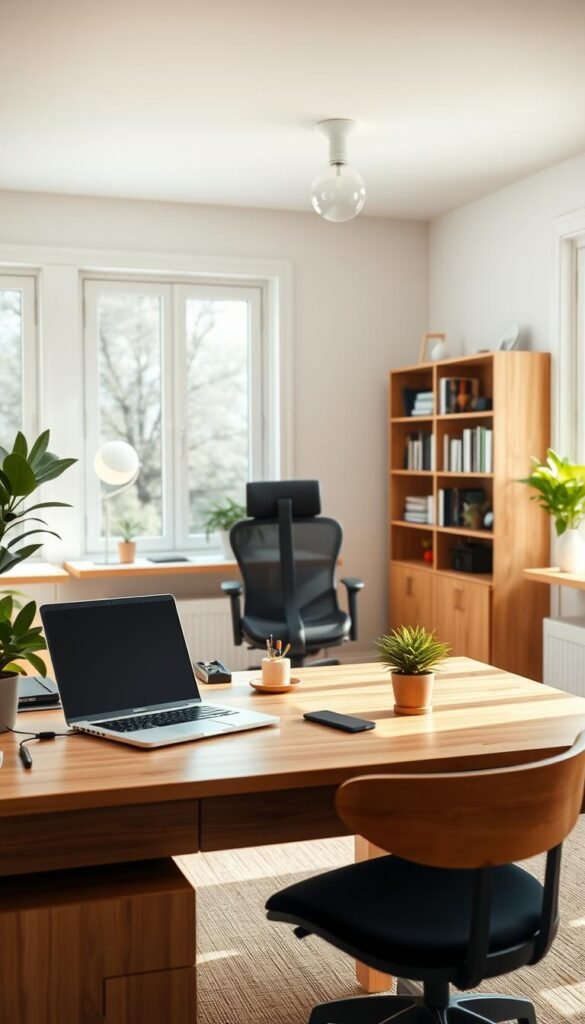 A bright, airy home office with natural wood furniture and minimalist decor. In the foreground, an organized desk with a sleek laptop, stylish desk accessories, and a potted plant. The middle ground features a comfortable ergonomic chair and a wall-mounted bookshelf filled with neatly arranged books and knickknacks. The background showcases large windows letting in abundant natural light, creating a warm, productive atmosphere. Soft, diffused lighting illuminates the space, enhancing the clean, modern aesthetic. The overall scene conveys a sense of efficiency, tranquility, and inspiration - the perfect setting for a productive and distraction-free work environment.