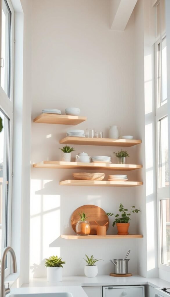 A bright, airy kitchen with light-colored wooden shelves floating on the wall. The shelves are lined with a mix of ceramic dishes, glass jars, and a few potted plants, creating a natural, minimalist aesthetic. Soft, warm lighting filters in through large windows, casting a gentle glow on the shelves and kitchen surfaces. The angle is slightly elevated, providing a clear view of the well-organized, clutter-free shelves against a backdrop of clean, white walls. The overall impression is one of simplicity, serenity, and an effortless sense of space.
