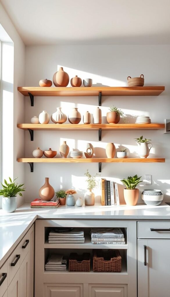 A bright, airy kitchen with open shelves styled cohesively. The shelves are filled with a curated collection of ceramic vases, potted plants, and a few carefully selected books. Natural light pours in through large windows, casting a warm glow on the meticulously arranged decor. The shelves are positioned against a clean, white wall, allowing the items to stand out with visual impact. The overall atmosphere is one of simplicity, balance, and a touch of minimalism, creating a visually pleasing and harmonious display.