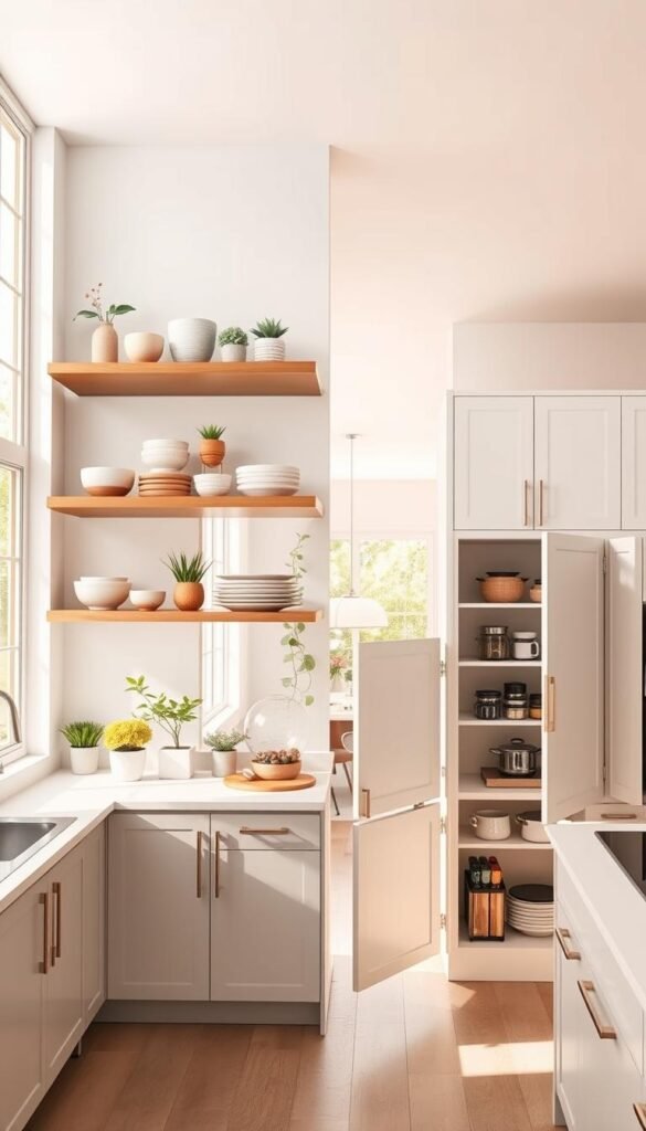 A bright, airy kitchen with warm natural lighting streaming through large windows. In the foreground, two sets of kitchen storage options are displayed side-by-side: open shelving and traditional cabinets. The open shelves feature an artful arrangement of ceramic dishes, glassware, and potted plants, while the cabinets have their doors opened to reveal neatly organized cookware and pantry items. The middle ground shows the kitchen's sleek, minimalist design with clean lines and a neutral color palette. In the background, a glimpse of the rest of the open-concept living space is visible, creating a sense of flow and connection. The overall scene conveys a sense of balance, functionality, and aesthetic appeal, inviting the viewer to consider the pros and cons of each storage solution.