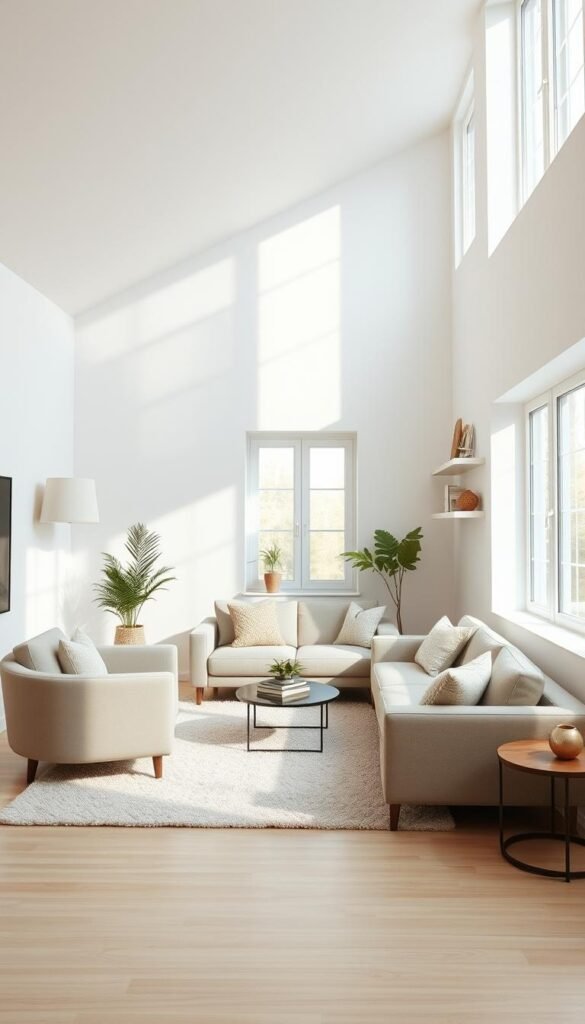 A bright, airy living room with clean, minimalist decor. Soft, diffused natural light filters through large windows, casting a warm glow over the space. A neutral-toned sofa and chairs sit atop a plush, textured rug, creating a cozy seating area. Sleek, floating shelves line the walls, displaying a few carefully curated decorative items. The room is free of clutter, allowing the architectural details and simple furnishings to take center stage. A sense of tranquility and order pervades the scene, reflecting the harmony and clarity of a decluttered, minimalist lifestyle.