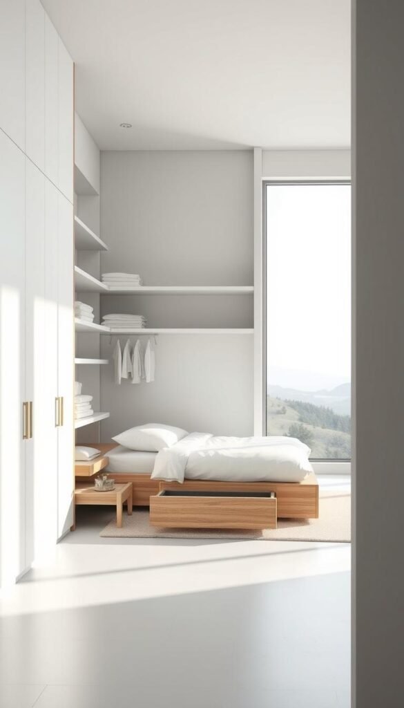 A bright, airy minimalist bedroom with a serene, calming atmosphere. In the foreground, sleek, modular storage solutions maximizing the available space - floating shelves, hidden drawers, and a multifunctional platform bed with built-in storage. The middle ground features a subtle, harmonious color palette of whites, grays, and natural wood tones. Soft, diffused lighting from a large window creates a soothing ambiance, accentuating the clean lines and uncluttered design. In the background, a serene landscape or abstract artwork adds a touch of visual interest without distracting from the primary focus on the innovative storage solutions.