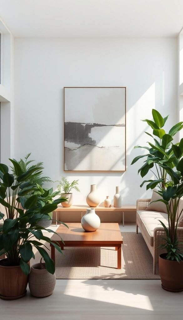 A bright, airy minimalist interior with a focal point of a large abstract wall art piece in muted tones. The foreground features a low wooden coffee table surrounded by lush potted plants and simple, natural-fiber furnishings. Soft, diffused lighting filters in through large windows, casting gentle shadows. The middle ground showcases a few carefully curated decorative pieces, such as a ceramic vase or sculptural candle holder. The background is clean and uncluttered, allowing the art and greenery to take center stage. An atmosphere of calm, refined elegance pervades the scene.