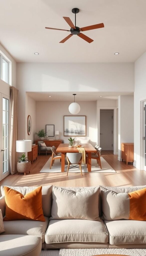 A bright and inviting room-by-room interior design showcase, showcasing harmonious color schemes and textures. In the foreground, a well-appointed living room with plush seating, warm wood tones, and pops of complementary hues. In the middle ground, a cozy dining area with a rustic wood table and modern light fixtures. In the background, a tranquil bedroom with a serene color palette, soft textiles, and a touch of natural greenery. Diffused natural lighting from large windows creates a soothing ambiance, while clean lines and balanced compositions offer a sense of visual harmony throughout the space.