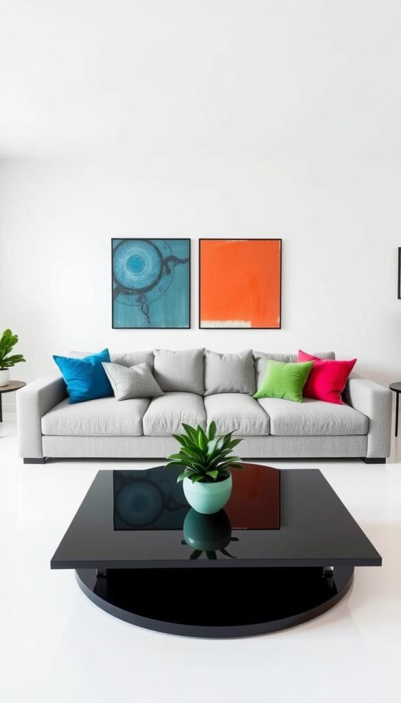 A bright, minimalist living room with a neutral color palette. The main focus is on strategic pops of vivid, saturated color accents placed throughout the space. A large, plush gray sofa is the centerpiece, complemented by crisp white walls. Vibrant throw pillows in shades of blue, green, and red add visual interest and contrast. A sleek, black coffee table with a potted plant and a few carefully curated art pieces on the walls draw the eye. The lighting is soft and diffused, creating a warm, inviting atmosphere. The overall effect is one of understated elegance and thoughtful design.