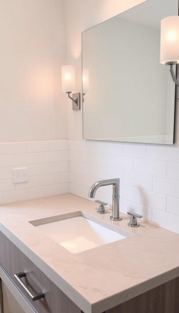 A bright, modern bathroom countertop made of sleek, gray quartz. The surface is clean and uncluttered, with a minimalist undermount sink and a polished chrome faucet. Soft, indirect lighting from wall sconces casts a warm glow, accentuating the smooth, natural texture of the countertop. Overhead, a large mirror reflects the space, creating an illusion of depth and airiness. Crisp, white subway tiles line the backsplash, complementing the cool tones of the countertop. The overall aesthetic is one of understated elegance and practicality, perfect for a budget-friendly bathroom update with a big impact. A bright, modern bathroom countertop made of sleek, gray quartz. The surface is clean and uncluttered, with a minimalist undermount sink and a polished chrome faucet. Soft, indirect lighting from wall sconces casts a warm glow, accentuating the smooth, natural texture of the countertop. Overhead, a large mirror reflects the space, creating an illusion of depth and airiness. Crisp, white subway tiles line the backsplash, complementing the cool tones of the countertop. The overall aesthetic is one of understated elegance and practicality, perfect for a budget-friendly bathroom update with a big impact.