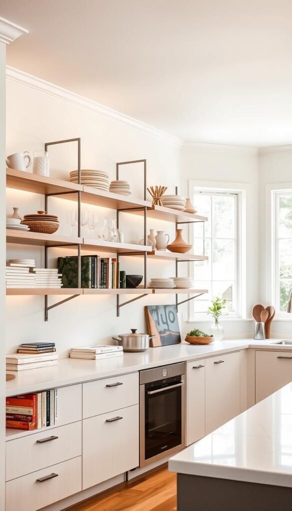 A bright, modern kitchen featuring an array of open shelving units along the walls. The shelves are crafted from sleek, minimalist wood or metal, with ample space to display a collection of stylish kitchenware, cookbooks, and decorative accents. Soft, diffused lighting from overhead fixtures casts a warm glow, accentuating the clean lines and airy feel of the space. The kitchen is bathed in natural light streaming in through large windows, creating a sense of openness and tranquility. The shelving units are strategically placed to maximize storage and showcase the homeowner's personal style, complementing the overall aesthetic of the kitchen.
