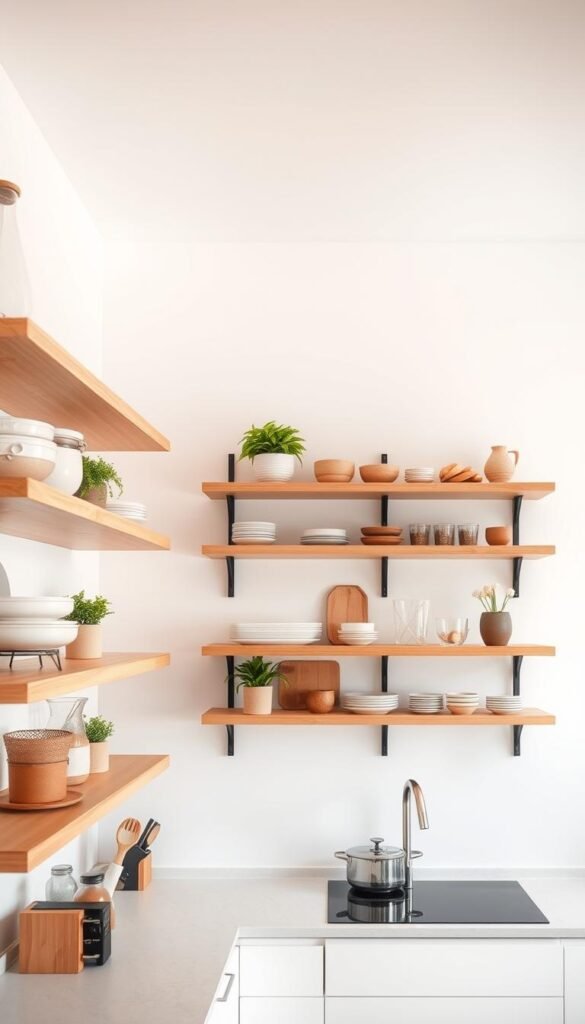 A bright, modern kitchen with open shelves lining the walls, creating a sense of visual space and airiness. The shelves are made of sleek, natural wood, arranged in a clean, minimalist style. Soft, diffused lighting from above casts a warm glow, accentuating the textures and colors of the items displayed - earthenware, potted plants, and carefully curated kitchen accessories. The background is a crisp, white wall, adding to the open, airy feel. The camera angle is slightly elevated, providing a perspective that showcases the open shelving and its contribution to the overall bright, welcoming ambiance of the kitchen.