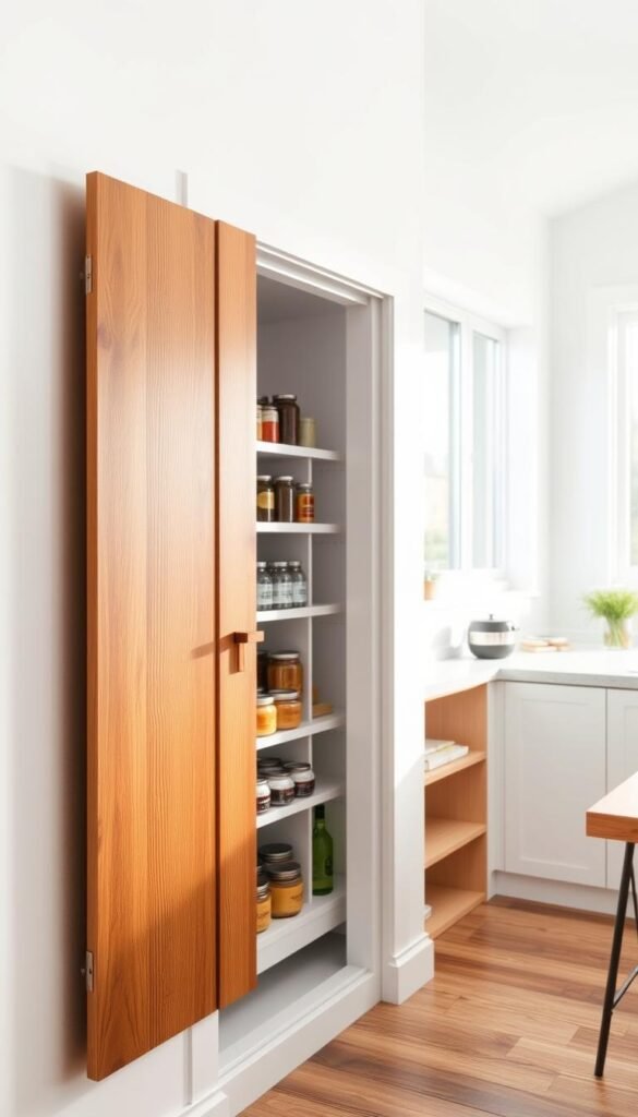 A bright, modern pantry storage system mounted on a clean, white wall. In the foreground, a sturdy wooden door with sleek metal hinges and a simple handle. The door opens to reveal neatly organized shelves, with rows of jars, cans, and packages in a variety of colors and textures. The middle ground showcases a mix of open and closed storage compartments, allowing for easy access and visibility of contents. The background features a minimalist, well-lit environment, with natural light streaming in from nearby windows, creating a warm and inviting atmosphere. The overall composition emphasizes efficiency, functionality, and a streamlined aesthetic, perfect for optimizing limited wall and door space in a kitchen or dining area.