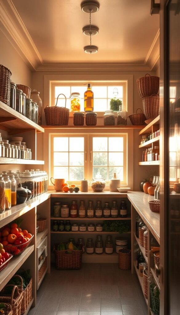 A bright, sun-drenched pantry, its shelves adorned with an array of rustic glass jars, woven baskets, and wooden accents. The warm, natural light filters through large windows, casting a golden glow over the scene. Ripe produce, such as fresh fruits and vegetables, are neatly arranged, adding pops of vibrant color. Herbs and spices in labeled containers line the shelves, hinting at the culinary delights that may be prepared in this inviting space. The overall atmosphere evokes a sense of warmth, comfort, and the casual elegance of a well-appointed farmhouse kitchen.