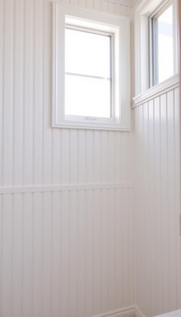A bright, well-lit bathroom interior with a classic beadboard wall installation. The beadboard panels are arranged in a vertical pattern, creating a timeless, cottage-inspired aesthetic. The boards are painted in a crisp, clean white color that reflects the natural light streaming in through the large window. The foreground features the textured surface of the beadboard, while the middle ground showcases the seamless installation with neat, even spacing between the panels. The background fades into a soft, neutral-toned wall, allowing the beadboard to take center stage. The lighting is natural and diffused, creating a warm, inviting atmosphere. The camera angle is slightly elevated, capturing the full height of the installation and highlighting its elegant, traditional charm. A bright, well-lit bathroom interior with a classic beadboard wall installation. The beadboard panels are arranged in a vertical pattern, creating a timeless, cottage-inspired aesthetic. The boards are painted in a crisp, clean white color that reflects the natural light streaming in through the large window. The foreground features the textured surface of the beadboard, while the middle ground showcases the seamless installation with neat, even spacing between the panels. The background fades into a soft, neutral-toned wall, allowing the beadboard to take center stage. The lighting is natural and diffused, creating a warm, inviting atmosphere. The camera angle is slightly elevated, capturing the full height of the installation and highlighting its elegant, traditional charm.