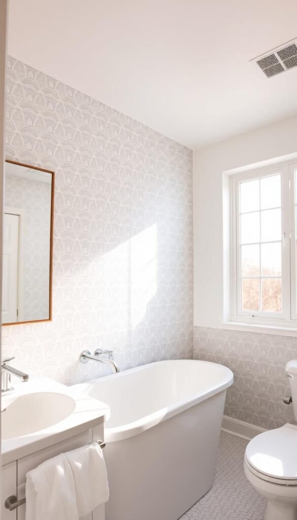 A bright, well-lit bathroom with a statement wall covered in a modern, minimalist peel-and-stick wallpaper. The wallpaper features a subtle, repeating geometric pattern in shades of gray and white, creating a timeless, sophisticated look. The wall is the focal point, with natural light streaming in from large windows, casting a warm, inviting glow. The wallpaper is easy to apply, with a simple peel-and-stick design that allows for quick and hassle-free installation, perfect for a budget-friendly bathroom update. A bright, well-lit bathroom with a statement wall covered in a modern, minimalist peel-and-stick wallpaper. The wallpaper features a subtle, repeating geometric pattern in shades of gray and white, creating a timeless, sophisticated look. The wall is the focal point, with natural light streaming in from large windows, casting a warm, inviting glow. The wallpaper is easy to apply, with a simple peel-and-stick design that allows for quick and hassle-free installation, perfect for a budget-friendly bathroom update.