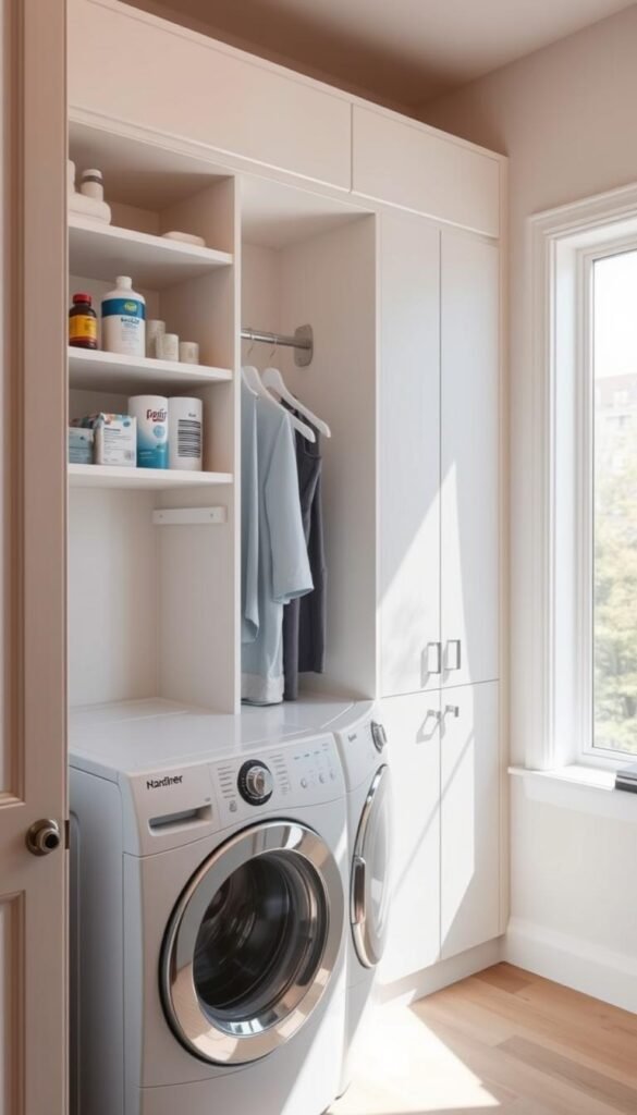 A bright, well-lit laundry room and closet combination with a sleek, modern aesthetic. The foreground features a front-loading washer and dryer set, with streamlined shelving above to hold detergents and other supplies. In the middle ground, a built-in closet system with adjustable rods and shelves for storing linens, cleaning tools, and other utility items. The background showcases a large window, letting in ample natural light and creating a warm, airy atmosphere. The overall layout is efficient and organized, with a focus on maximizing the available space through smart storage solutions.